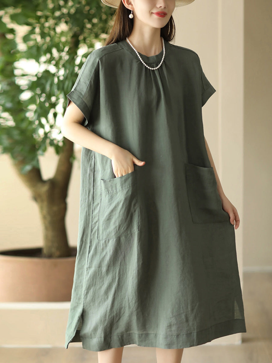 Women Summer Casual Solid Pocket O-Neck Linen Dress