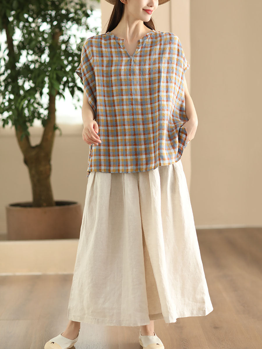 Women Summer Vintage Plaid V-Neck Loose Linen Shirt