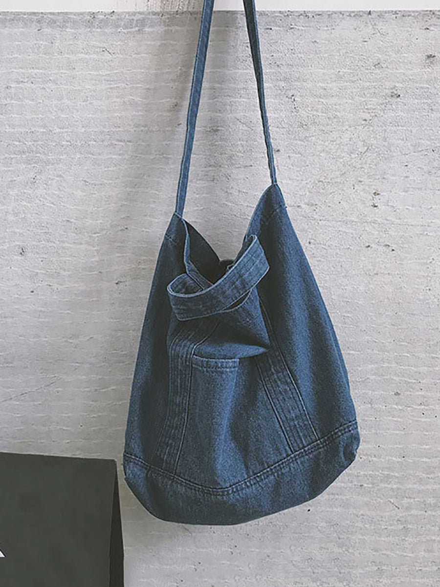 Vintage Solid Denim Spliced Shoulder Bag Handbag