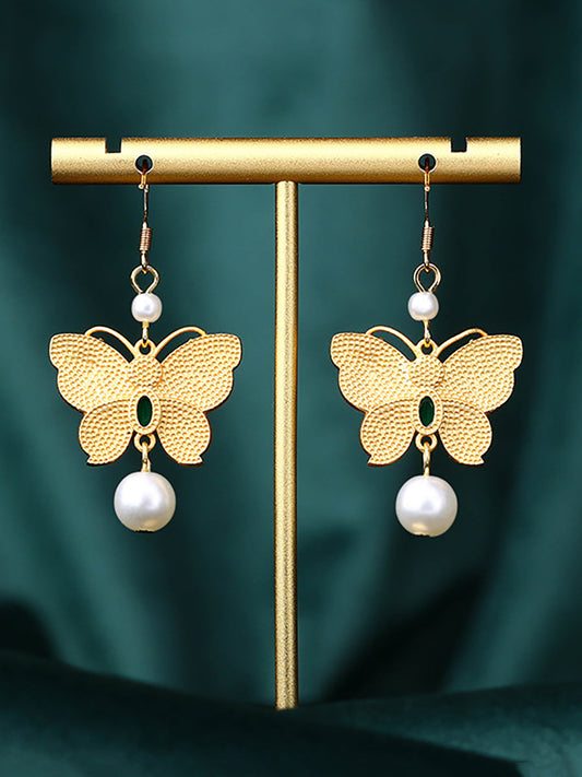 Women Vintage Enamel Butterfly Pearl Sliver Earrings