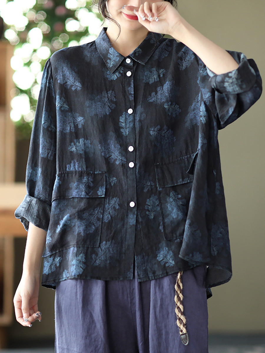 Women Vintage Floral Spring Button Up Ramie Blouse