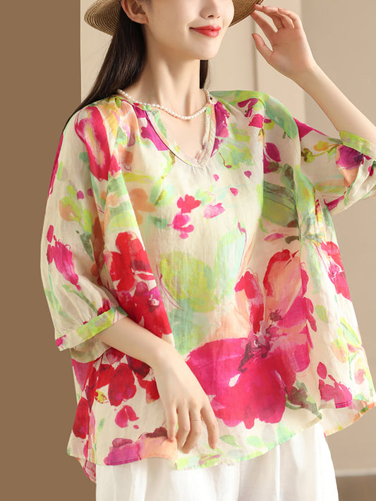 Women Summer Flower V-Neck Ramie Loose Shirt