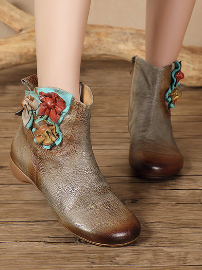 Women Vintage Leather Patch Spliced Low Heel Boots