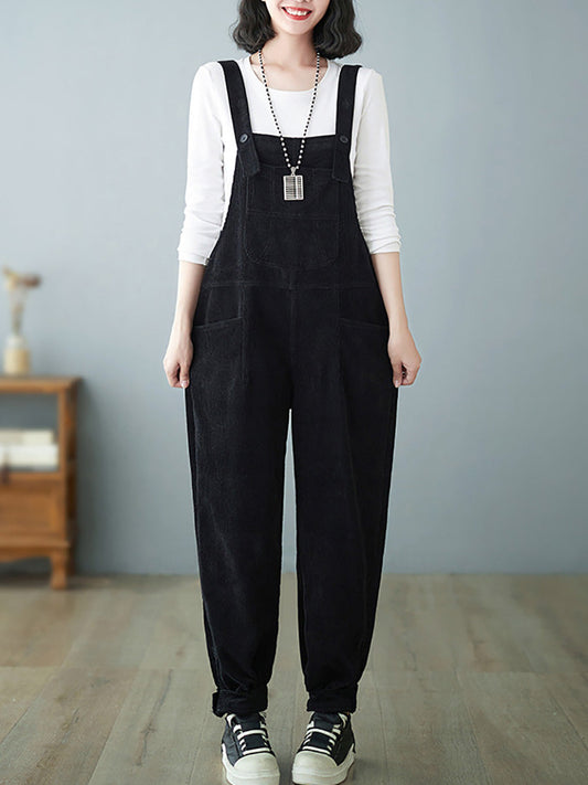 Women Casual Autumn Solid Corduroy Loose Jumpsuits