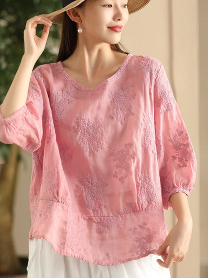 Women Artsy Floral Embroidery Spliced Ramie Shirt