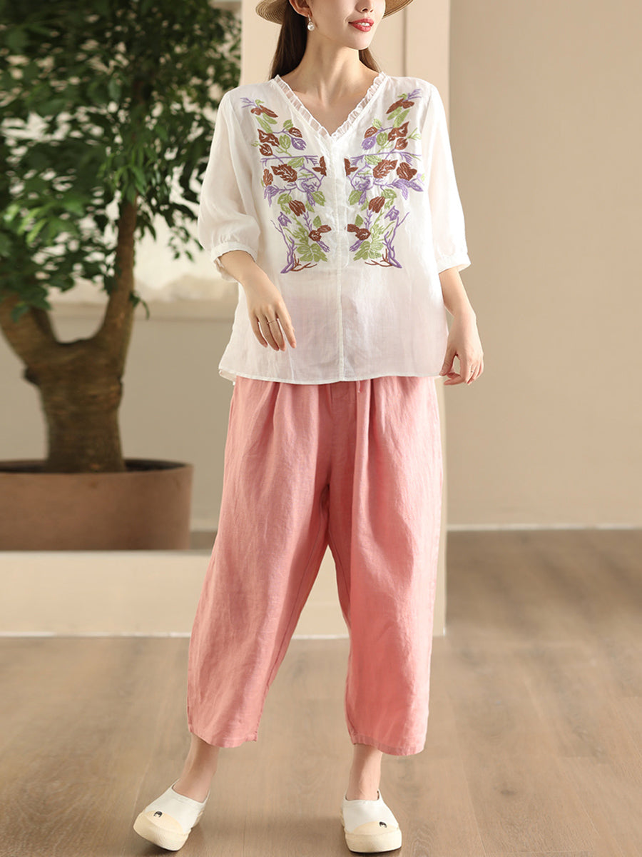 Women Summer Vintage Flower Embroidery Lace Ramie Shirt