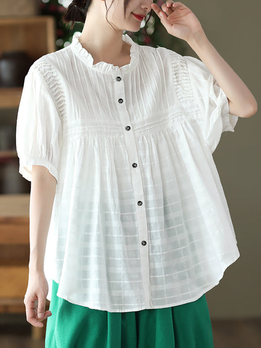 Women Artsy Shirred Stripe Cotton Agaric-Lace Shirt