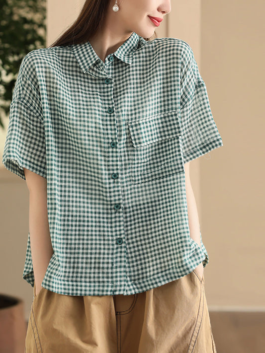 Women Summer Casual Plaid Button-up Turn-down Collar Shirt