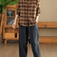 Women Autumn Vintage Plaid Button-up Cotton Blouse