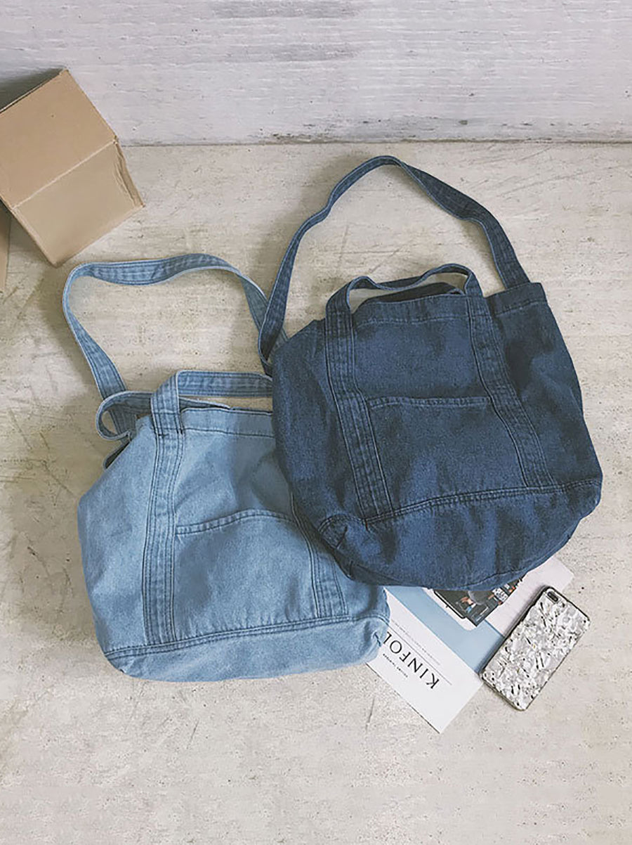 Vintage Solid Denim Spliced Shoulder Bag Handbag