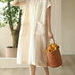 Women Summer Casual Solid Pocket O-Neck Linen Dress