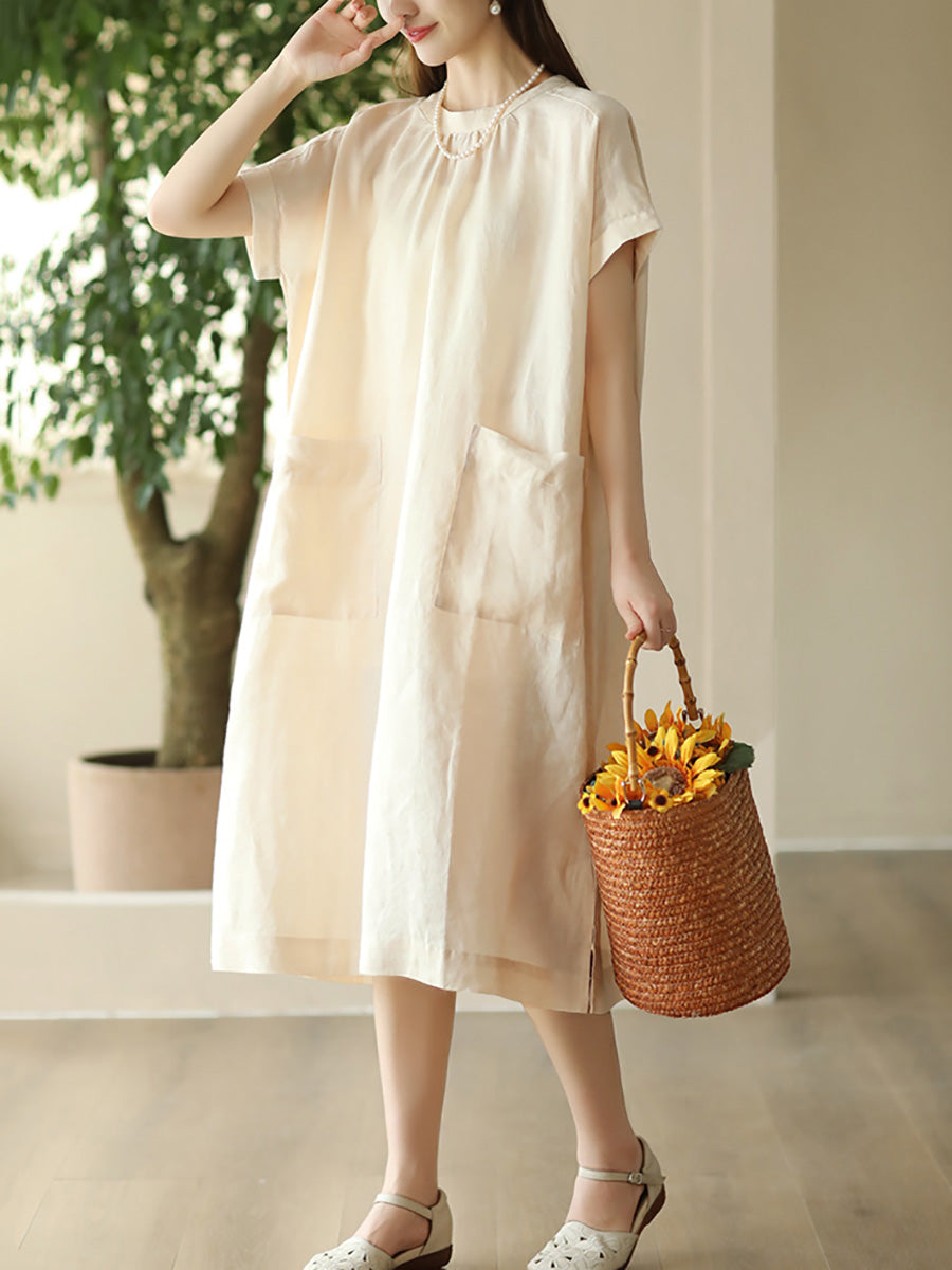 Women Summer Casual Solid Pocket O-Neck Linen Dress