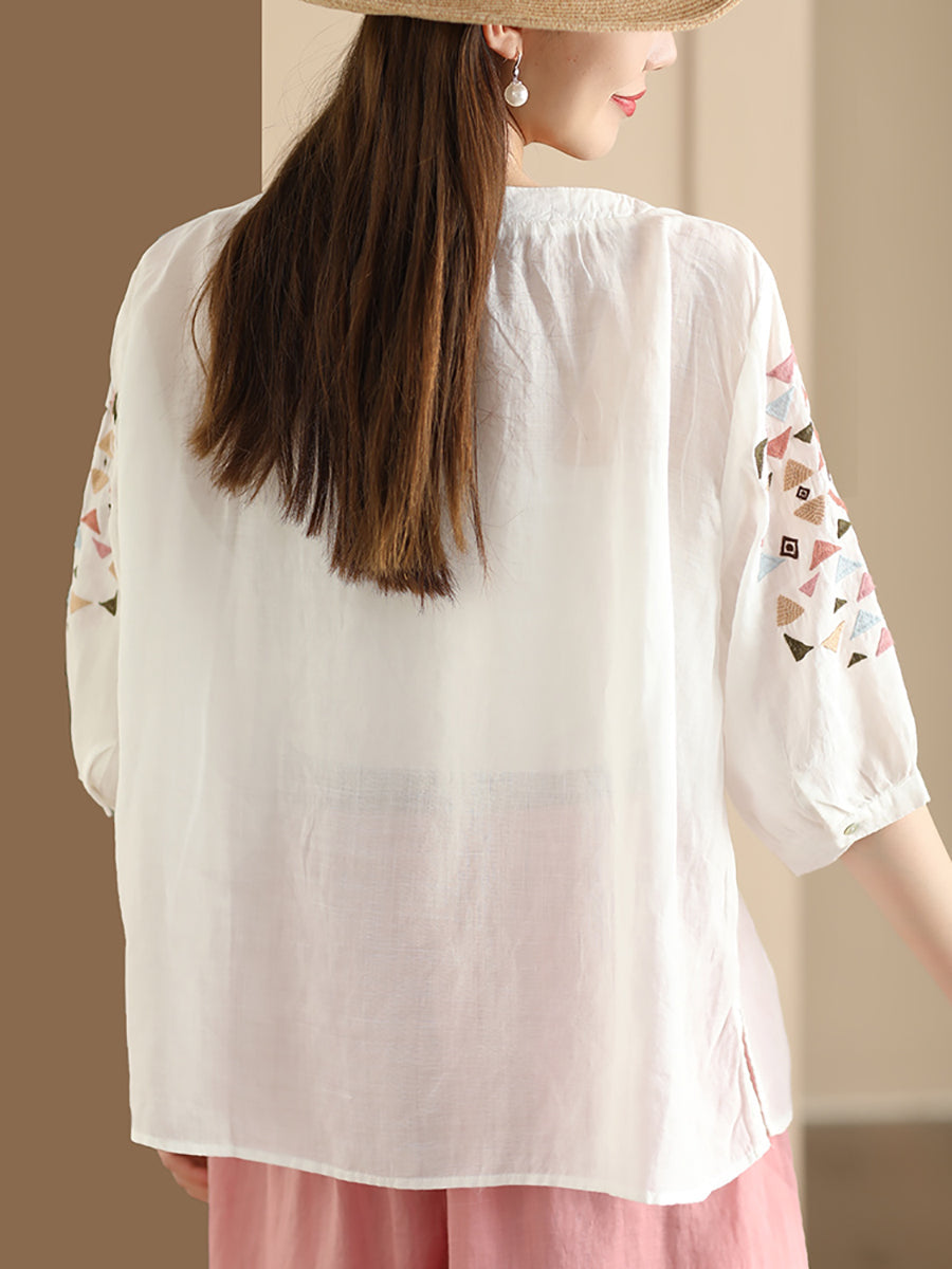 Women Summer Vintage Embroidery O-Neck Ramie Shirt