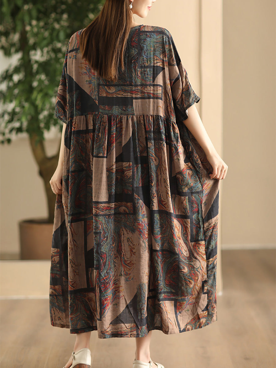 Women Summer Vintage Flower Linen Loose Dress