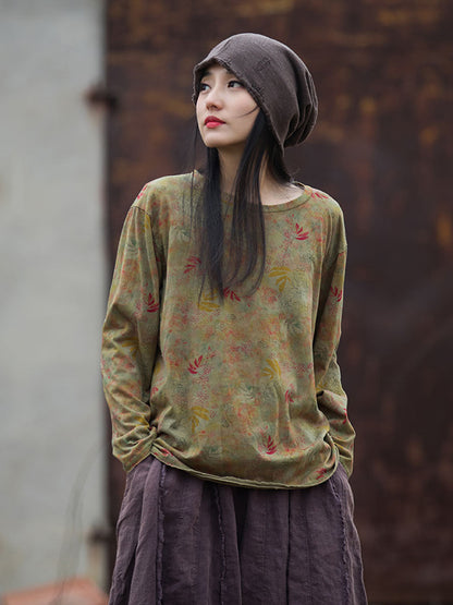 Women Vintage Autumn O-Neck Flower Cotton Blouse