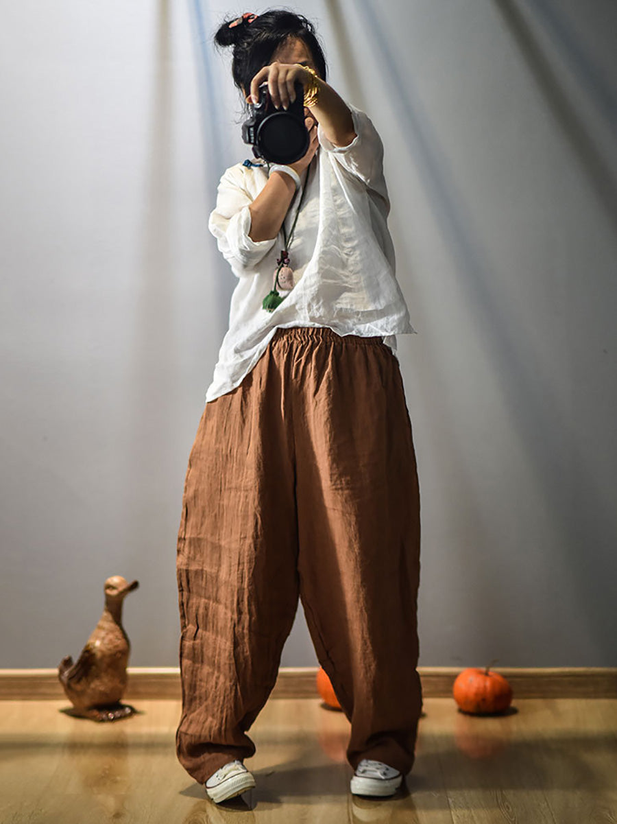 Women Vintage Spring Linen Solid Harem Pants