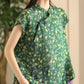 Women Summer Vintage Floral Stand Collar Ramie Shirt