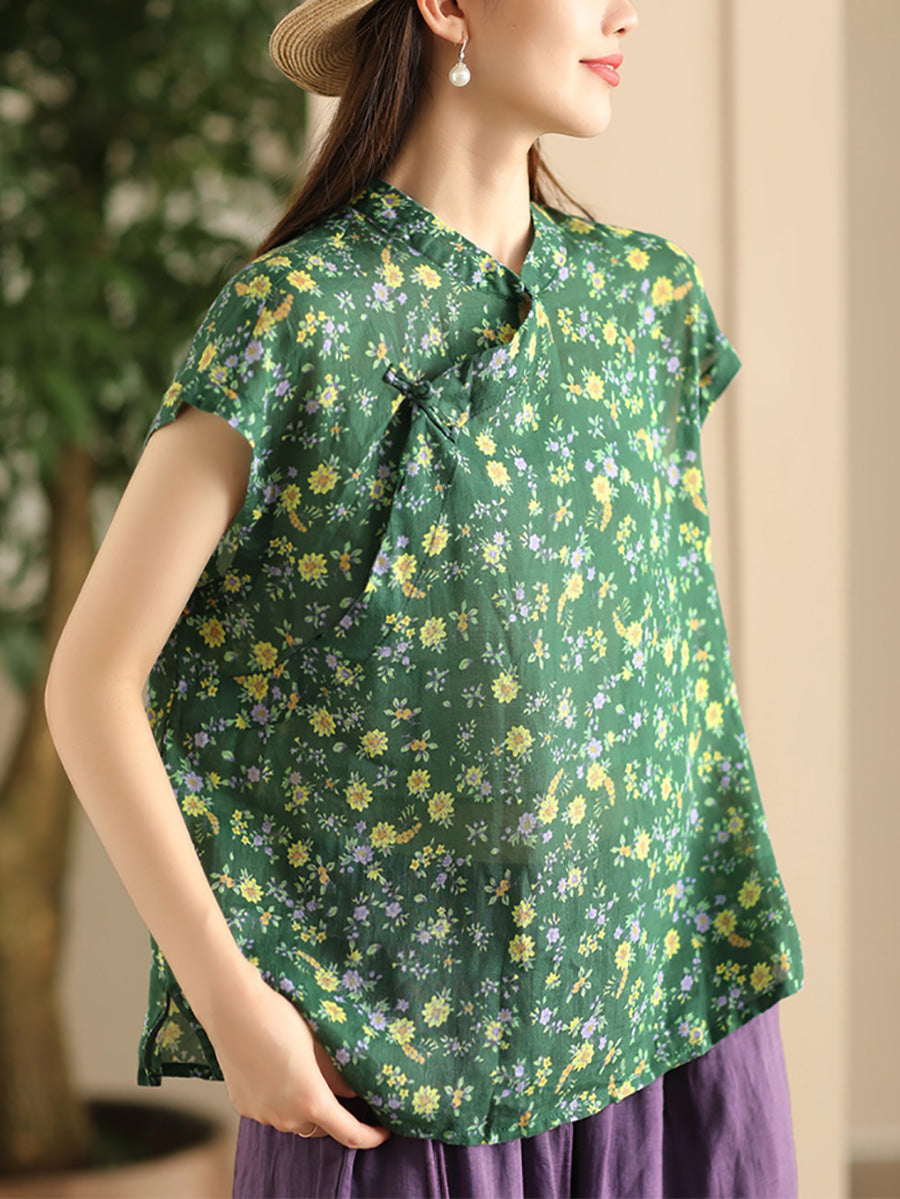 Women Summer Vintage Floral Stand Collar Ramie Shirt