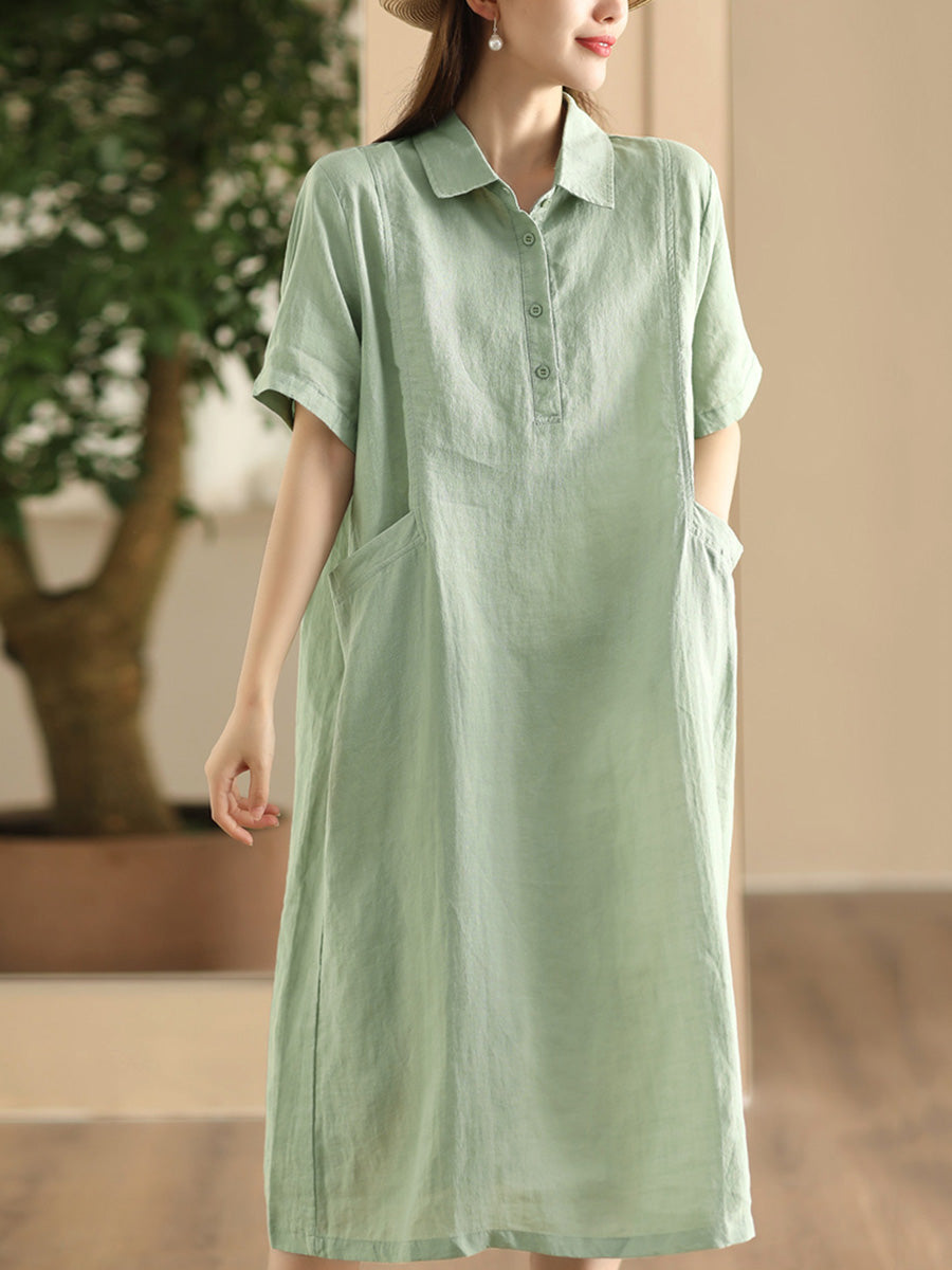 Women Summer Casual Solid Loose Polo Collar Linen Dress