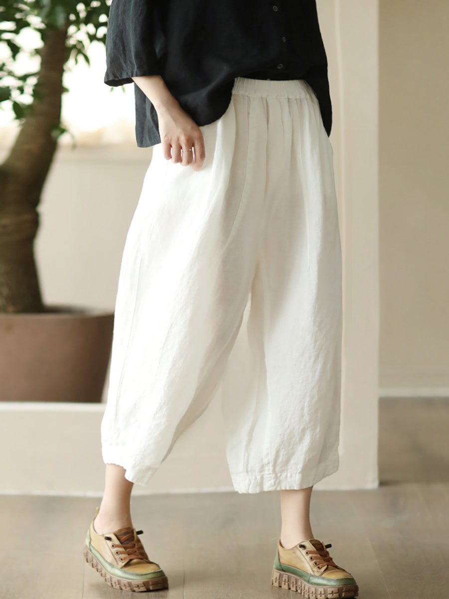 Women Summer Retro Solid Linen Loose Harem Pants