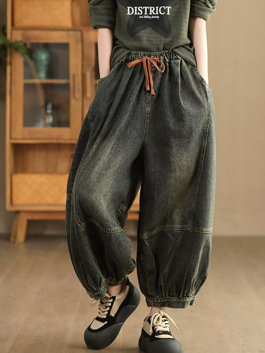 Women Autumn Retro Spliced Solid Loose Denim Bloomers