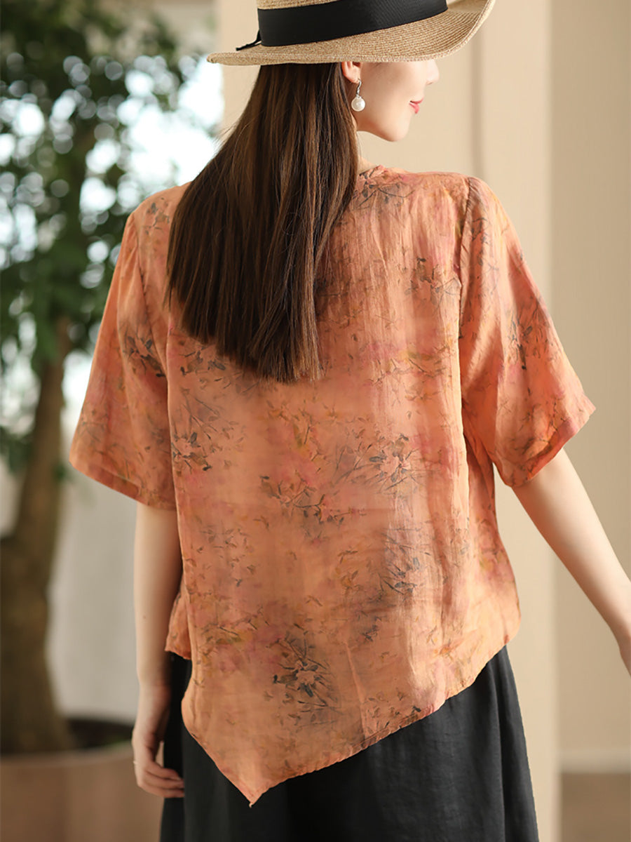 Women Summer Artsy Floral Shirred Ramie Shirt