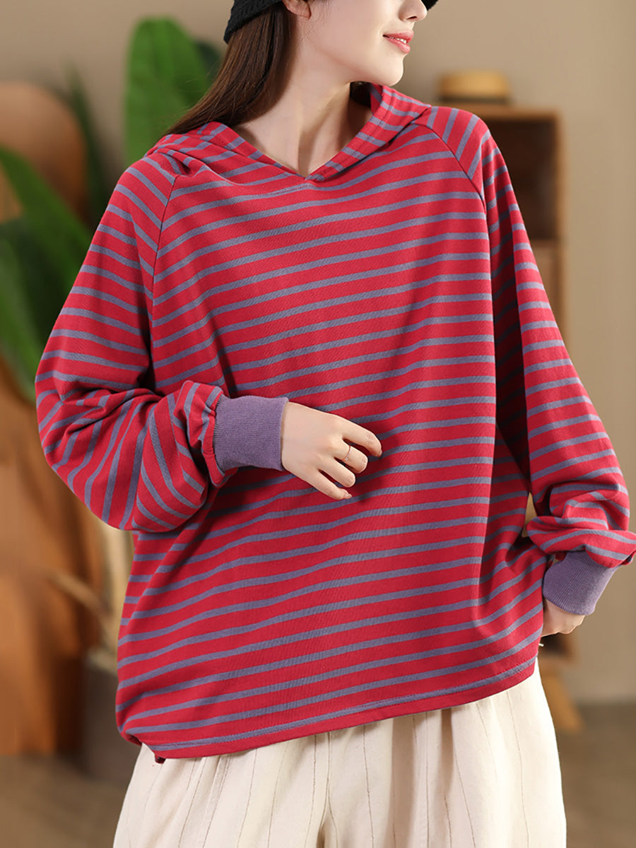 Women Casual Autumn Stripe Colorblock Hooded Sweatshirt