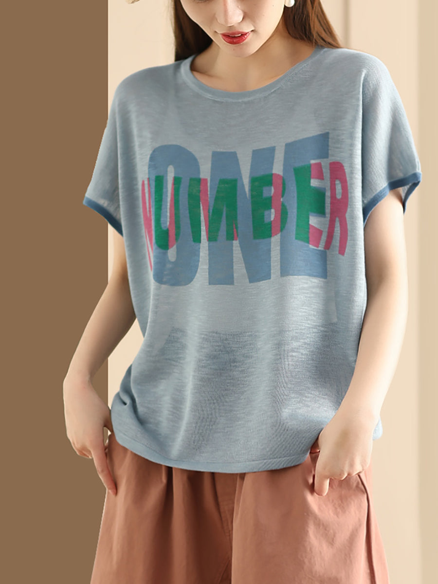 Women Summer Letter Printing Knitted Loose Shirt