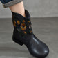 Women Vintage Flower Embroidery Leather Low Heel Boots