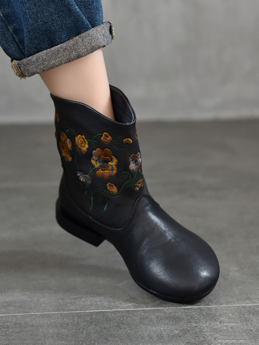 Women Vintage Flower Embroidery Leather Low Heel Boots