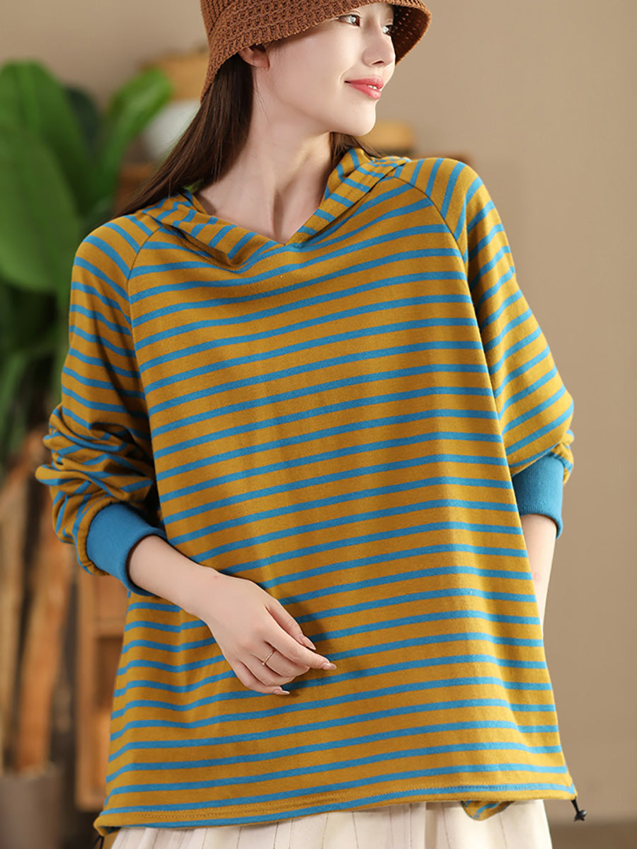 Women Casual Autumn Stripe Colorblock Hooded Sweatshirt