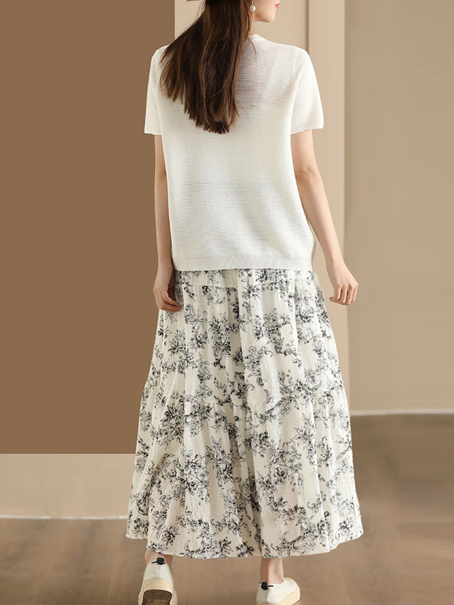 Women Summer Vintage Floral Cotton Loose Skirt