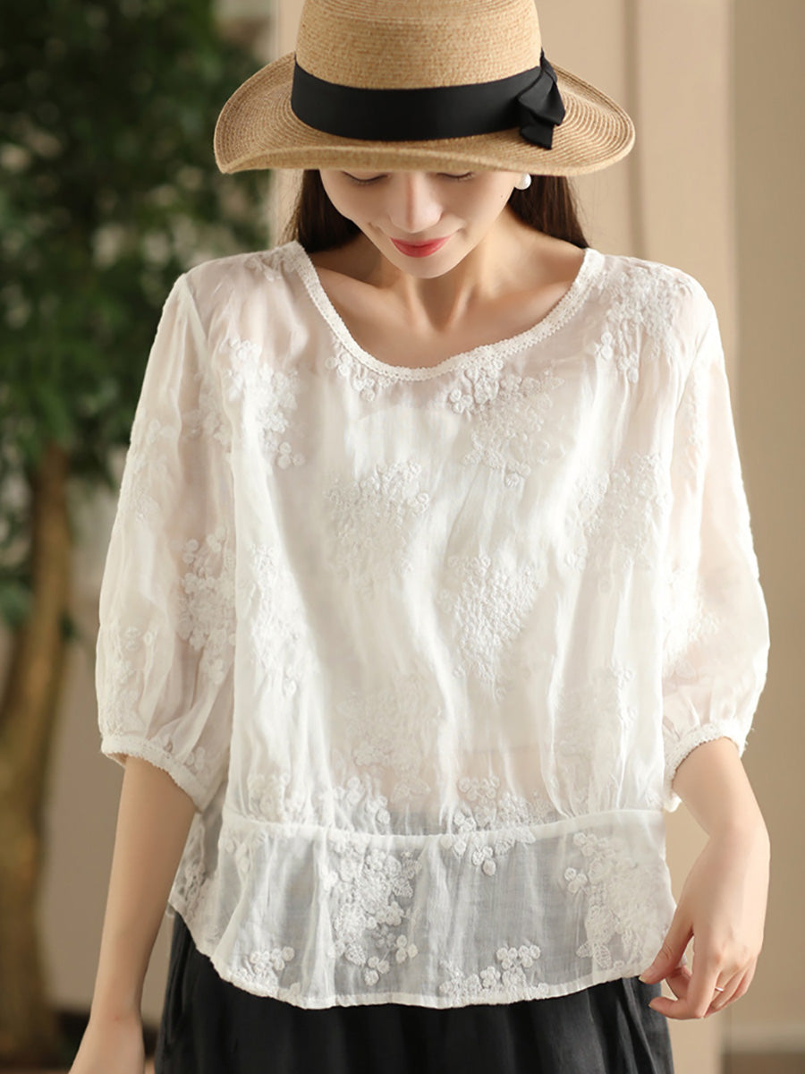 Women Artsy Floral Embroidery Spliced Ramie Shirt