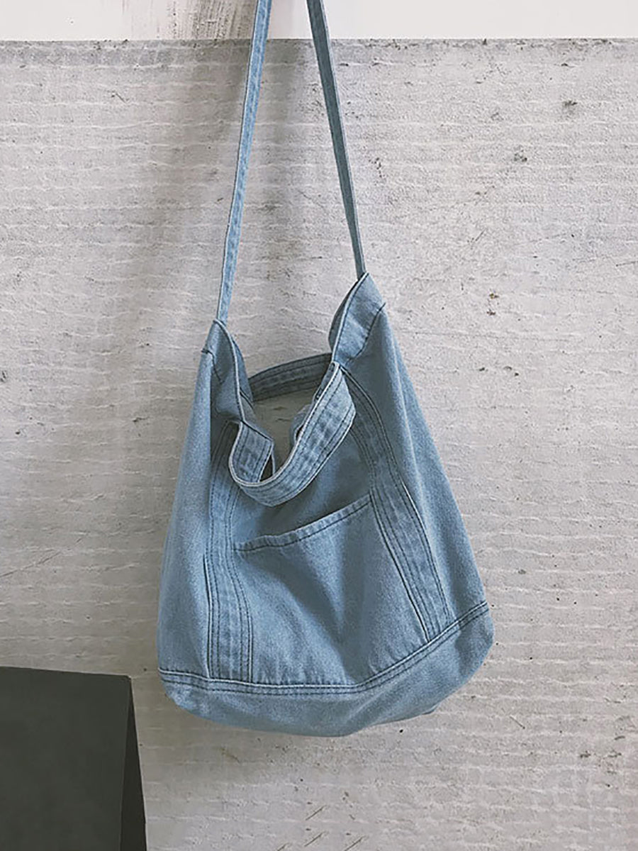 Vintage Solid Denim Spliced Shoulder Bag Handbag