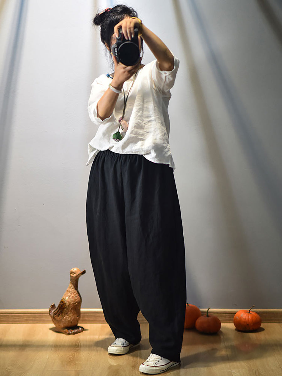 Women Vintage Spring Linen Solid Harem Pants