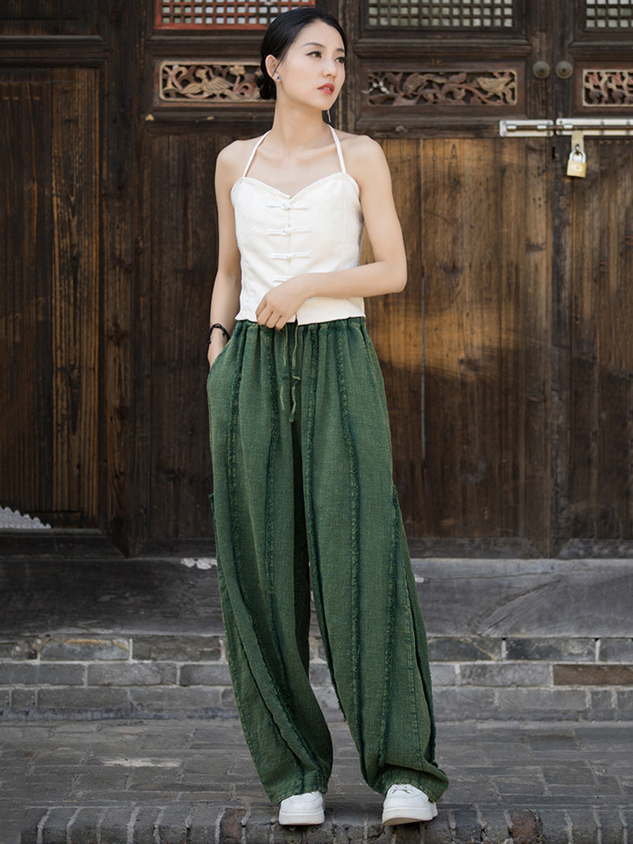 Women Ethnic Solid Raw-edge Wide-leg Ramie Pants