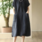 Women Summer Casual Solid Pocket O-Neck Linen Dress