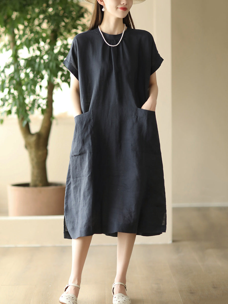 Women Summer Casual Solid Pocket O-Neck Linen Dress