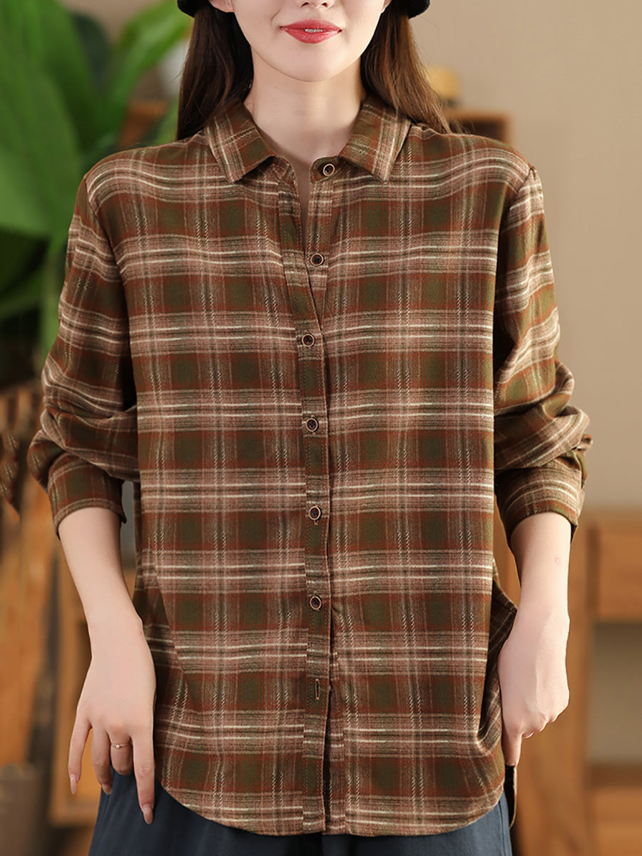 Women Autumn Vintage Plaid Button-up Cotton Blouse