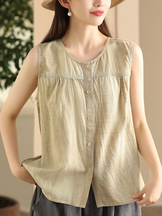 Women Casual Solid Spliced O-Neck Button-up Linen Vest