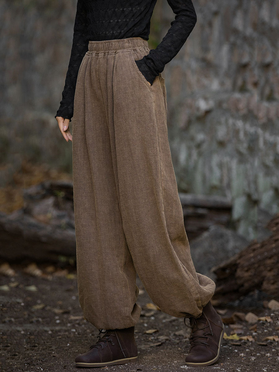 Women Vintage Autumn Solid Loose Ramie Cuffed Pants