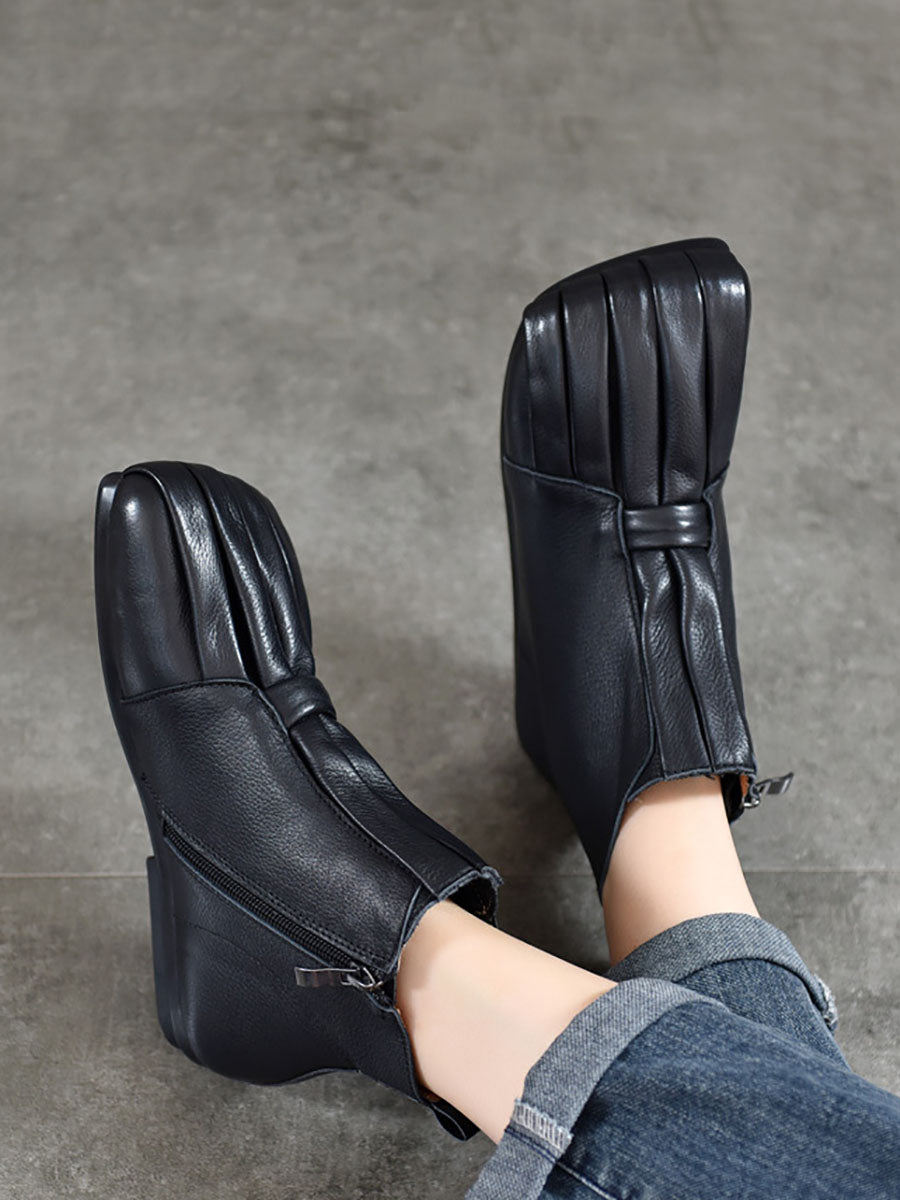 Women Soft Leather Shirred Square Toe Ankle Boots