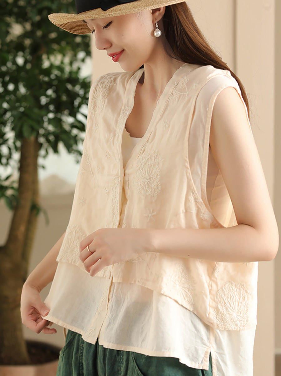 Women Summer Ethnic Embroidery Button-up Spliced Ramie Vest