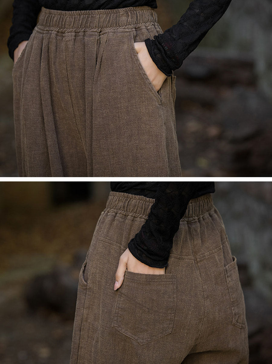 Women Vintage Autumn Solid Loose Ramie Cuffed Pants