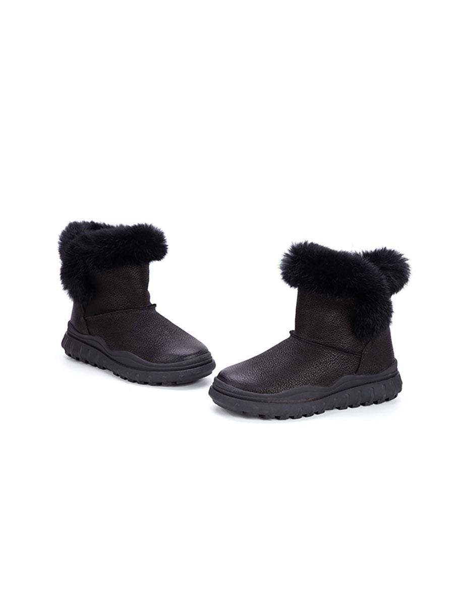 Women Solid Leather Plush Spliced Winter Boots