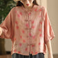 Women Summer Vintage Flower Spliced Button-up Ramie Shirt