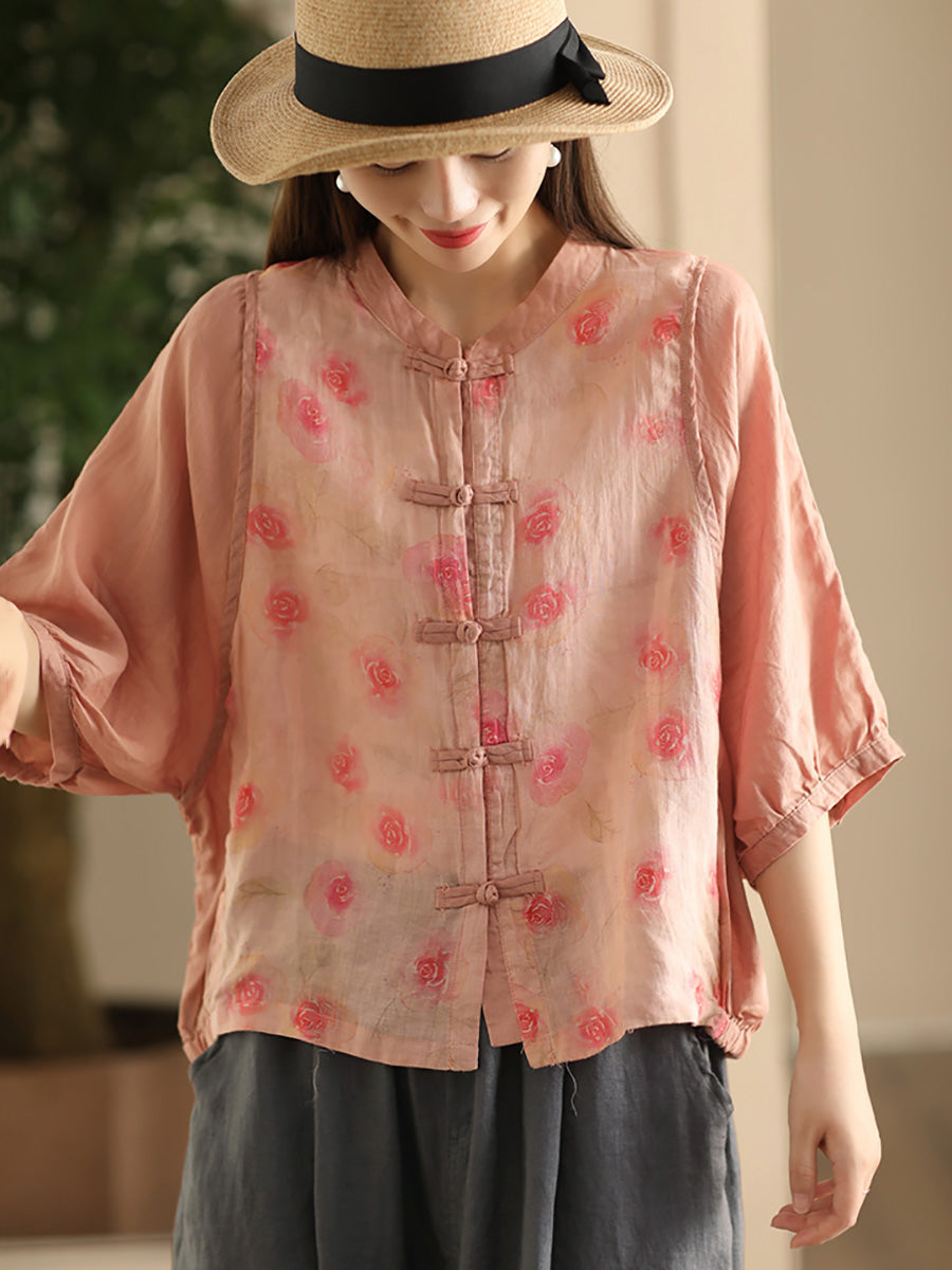 Women Summer Vintage Flower Spliced Button-up Ramie Shirt