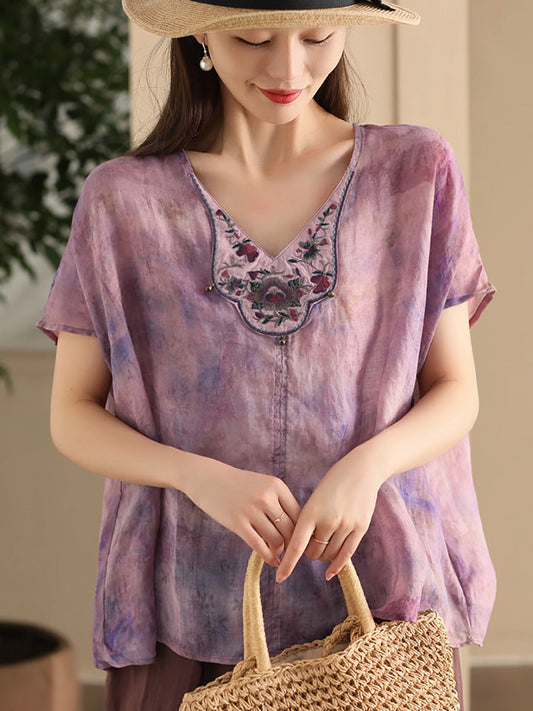 Women Ethnic Flower Embroidery Tie-dye Ramie Shirt