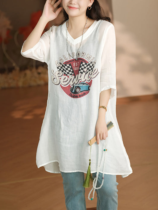 Women Summer Casual Print V-Neck Ramie Long Shirt