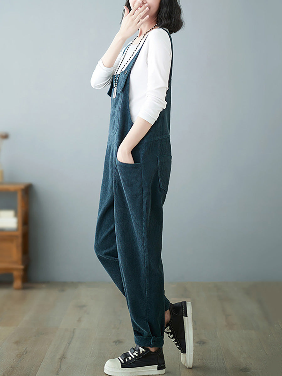 Women Casual Autumn Solid Corduroy Loose Jumpsuits